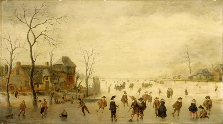 Winter Landscape with Skaters, Golf Players and Peasants on Frozen Waterways