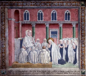 Life of St. Francesca Romana: The saint and the oblates offer themselves to the Benedictine order and settle in the church of Santa Maria Nova, Rome