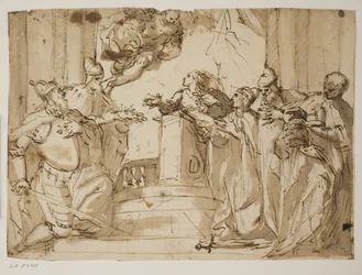 Four Doges and a Man in a Mantle with the Doge’s Cap in His Hands, with the Annunciation in the Background