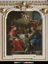Saint Gregory the Great at a table with Jesus disguised as a pilgrim, Near the Pope, the dove of the Holy Spirit