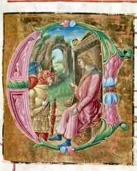 Herod I the Great ordering the massacre of innocents. Lettrine illuminated by Antonio Cicognari. Detail of an antiphonary. 1483