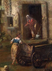 Italian landscape. A farm in the Italian countryside, detail depicting an old peasant woman. Painting by Antonio Diziani, 18th century. Museum of Fine Arts of Mikalojus Konstantinas Ciurlionis, Kaunas, Lithuania