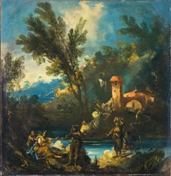 A Wooded River Landscape with Figures