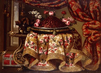 A Platter of Strawberries with Flowers on a Pillow and a Tazza of Figs on a Table Draped with an Embroidered Cloth, with Birds and Chest beside a Curtain and Window
