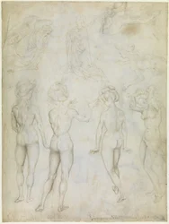 Four Studies of a Female Nude, an Annunciation and Two Studies of a Woman Swimming, c.1425