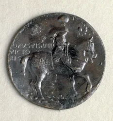 Medal of Ludovico III Gonzaga (1414-1478), Marquis of Mantua. Recto: The Marquis Armed on Horseback, Bronze, Black Patina