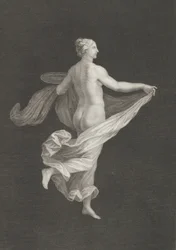 A partly naked bacchante seen from behind, facing right and holding an oval dish