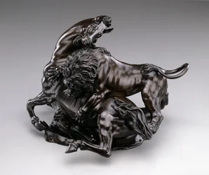 Lion attacking horse