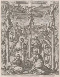 Christ crucified between the two thieves, the three Maries at the foot of the cross
