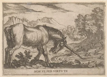 A Unicorn Chasing Lizards from a Pond