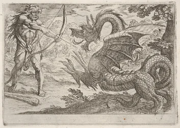 Hercules and the Serpent Ladon: Hercules draws his bow, the rearing serpent appears