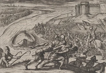 Plate 12: Pulling a Vessel Loaded with Grain to Shore, from The War of the Romans Against..., 1611