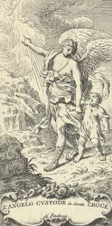 An angel leading a young boy and gesturing to the clouds
