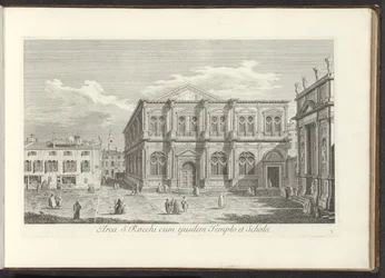 View of Campo San Rocco in Venice (title on object: Area S. Rocchi with its Temple and School) (series title: Views of Buildings and Squares in Venice) (series title: The Most Celebrated Views of Venice, Engraved from the Paintings of Antonio Canal)