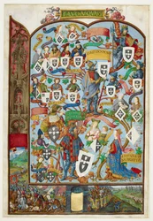 Genealogical tree of the Kings of Portugal showing the descent from Sancho Capello and Alfonso III. Lower margin: the battle of Salado in 1340