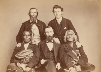 Alexander Gardner, William Henry Jackson, and Antonio Zeno Shindler with Pueblo delegates Alejandro Padilla, Governor of Isleta, and Ambrosio Abeita, Ex-Governor of Isleta, 1868