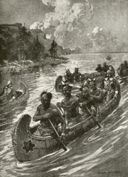 Samuel De Champlain in 1608 ascending the St Lawrence river in the canoes of friendly native American Indians