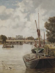 The Present Hammersmith Bridge Under Construction Showing the Temporary Bridge