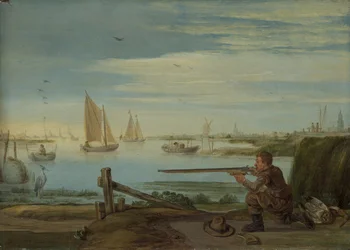 A Bird Hunter on a Riverbank