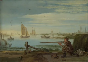 A Bird Hunter on a Riverbank