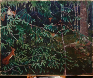 The Inhabitants of the Forest. (Squirrels in the Branches and a Bird Pecking at a Trunk). Painting by Arkadi Alexandrovich Rylov