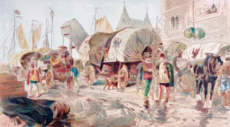 Horse Drawn Wagons Full of Goods and Belonging to the Hanseatic League Arrive at a Port, 16th Century