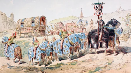 Noblewoman in Horse Drawn Coach escorted by Trumpet Players in the 13th Century