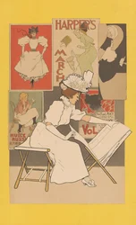 Seated Woman at a Stand Looking at Prints