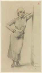 Standing Factory Girl Leaning Against a Doorpost