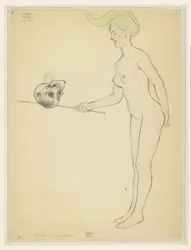 Standing Nude Woman with a Stick and a Skull