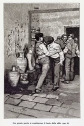 Invitation to the Sicilian duel through the mortal "kiss", actually a bite in the ear. Illustration by Arnaldo Ferraguti for the novella "Cavalleria Rusticana" by Giovanni Verga. 1897