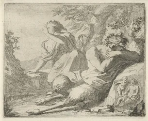 Satyr and Female Figure Covering Their Eyes Against Sunlight (series title: Scene of Emblems Opened for the Service of Painters, Sculptors, etc.)