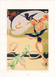 Decorative Art Nouveau Pattern with Hummingbirds and Butterflies