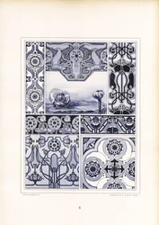Poppy Motifs and Geometric Ornaments in Blue Tones