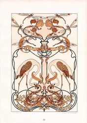 Symmetrical Art Nouveau Ornament with Dragonflies, Herons and Mythical Creatures