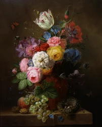 Still Life of Roses, Poppy, Azaleas and Tulips. Painting by Arnoldus Bloemers (1786-1844). Private Collection.