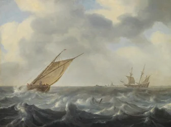 A Fishing Cutter and a Two-master in Choppy Seas Near a Coast