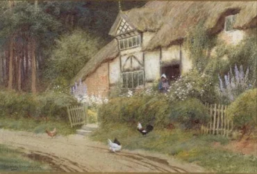 A Young Girl and Chickens by a Cottage