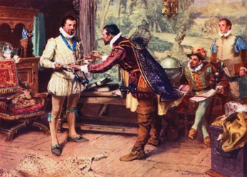 Ralph Lane, First Governor of Virginia, Presenting an Indian Pipe to Sir Walter Raleigh in 1586