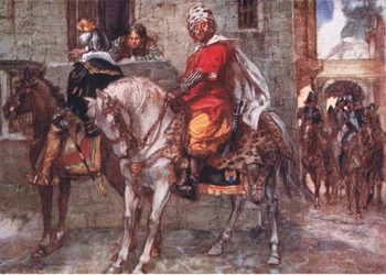Don John arrived at Luxembourg, and throwing off his disguise, stood revealed, illustration from Romance of History: The Netherlands, 1920s