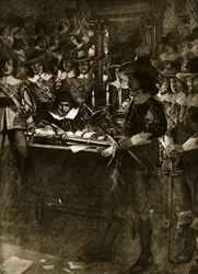 Strafford delivering up his sword in the House of Commons, illustration from Hutchinson