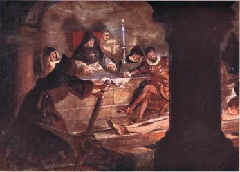 The Inquisition! Its very name was fraught with horror, illustration from Romance of History: The Netherlands, 1920s