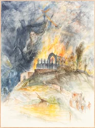 An Ecclesiastic Building in Flames with Demons Above