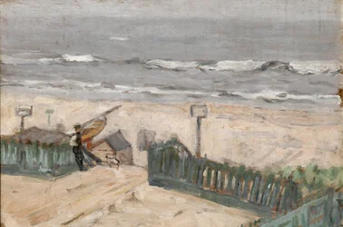 Bathing Huts with Fisherman and Dog