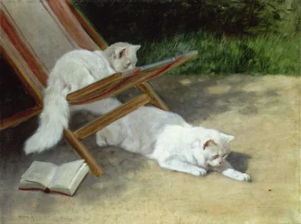 Two White Persian Cats with a Ladybird by a Deckchair