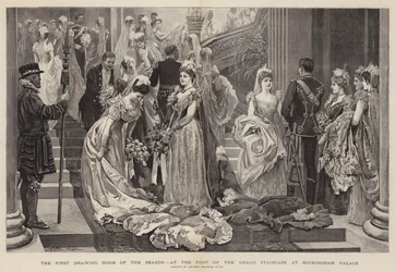 The First Drawing Room of the Season, at the Foot of the Grand Staircase at Buckingham Palace