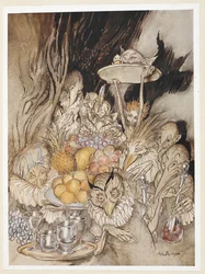 ACT III: Scene III, line 19 Enter several strange Shapes, bringing in a banquet ... inviting the King, etc, to eat