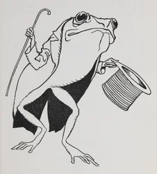 A frog wearing top hat and tails, carrying a cane