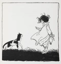 A girl with a doll tells off her cat