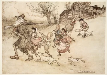 A troop of strange children ran at his heels, hooting after him and pointing at his grey beard., from Rip Van Winkle by Washington Irving, pub. 1910